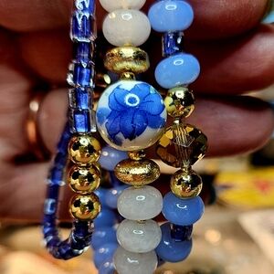 SALE! Bracelet Set in Periwinkle Glass, Porcelain, Crystal & Gold-Filled Beads